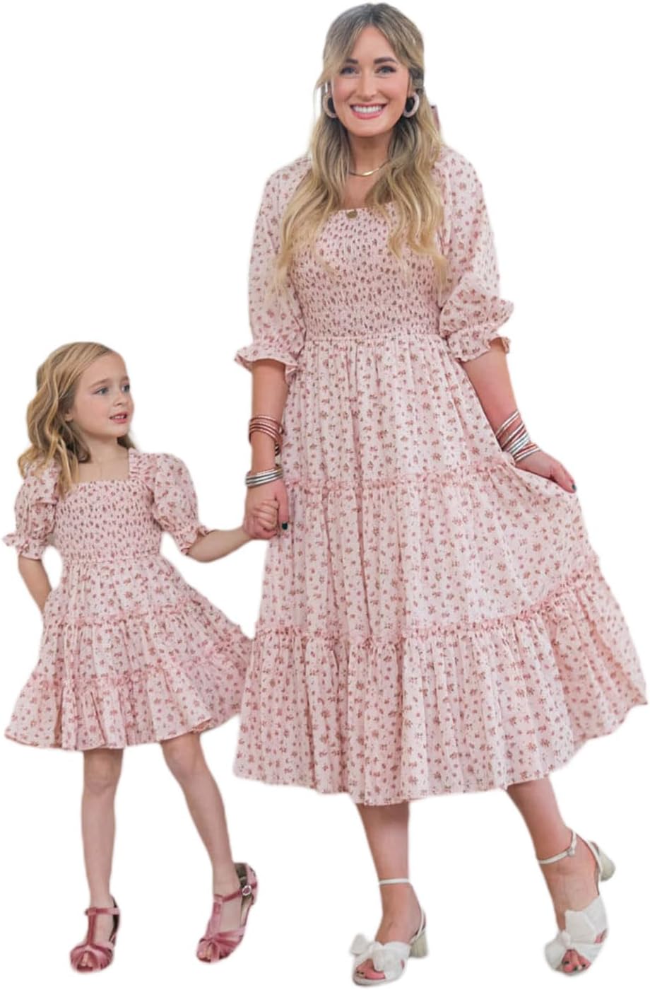 FeMereina Mommy and Me Floral Dresses Boho Flowy Long Sleee Smocked Tiered Spring Fall Mother Daughter Matching Dresses
