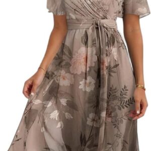 Spring Summer Chiffon Midi Dresses Womens Boho Elegant Floral Maxi Dress V Neck Ruffle Sleeve Chiffon Summer Beach Dress
