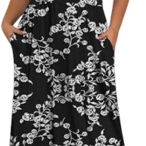 YSFWL Women’s Casual Maxi Dress Short Sleeve Floral Print Long with Pockets Soft Stretchy Fabric Crew Neck