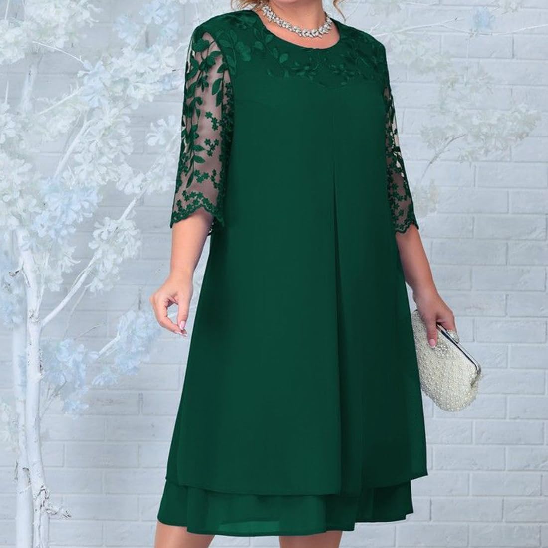 OBEEII Women's Plus Size Chiffon Dress Half Sleeve Round Neck Floral Embroidery Formal Party Wedding Guest Cocktail Dress UK - Image 3