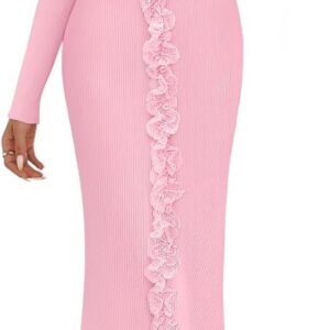 MEROKEETY Women’s Fall Long Sleeve Sweater Dress 2025 Bodycon Square Neck Ruffle Ribbed Knit Midi Dresses
