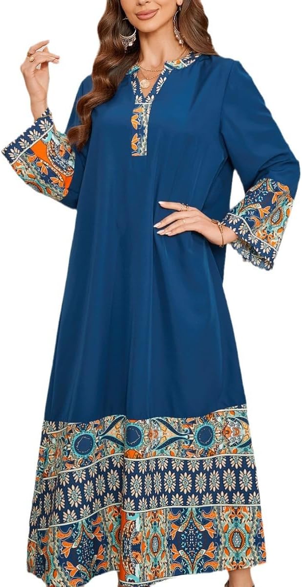 Women's Long Sleeve Jalabiya Round Neck Regular Sleeve Geometry Regular Fit Modest Four Seasons Arabian Clothing