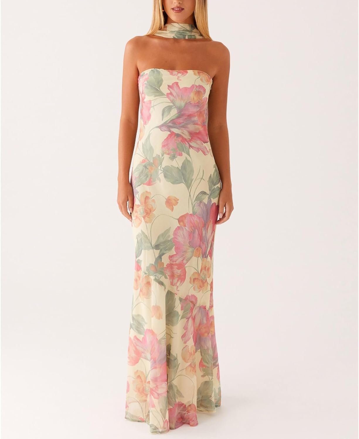 Edhomenn Women Y2K Floral Formal Strapless Maxi Dress Sexy Sleeveless Backless Mesh Long Bodycon Tube Summer Sundress - Image 4