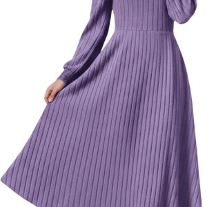 Fall Winter Midi Dress for Women UK Ladies Crew Neck Knitted A-Line Dresses Casual Long Sleeve Jumpers Dresses Soft Comfy Slim Fit Pullover Tunic Dress