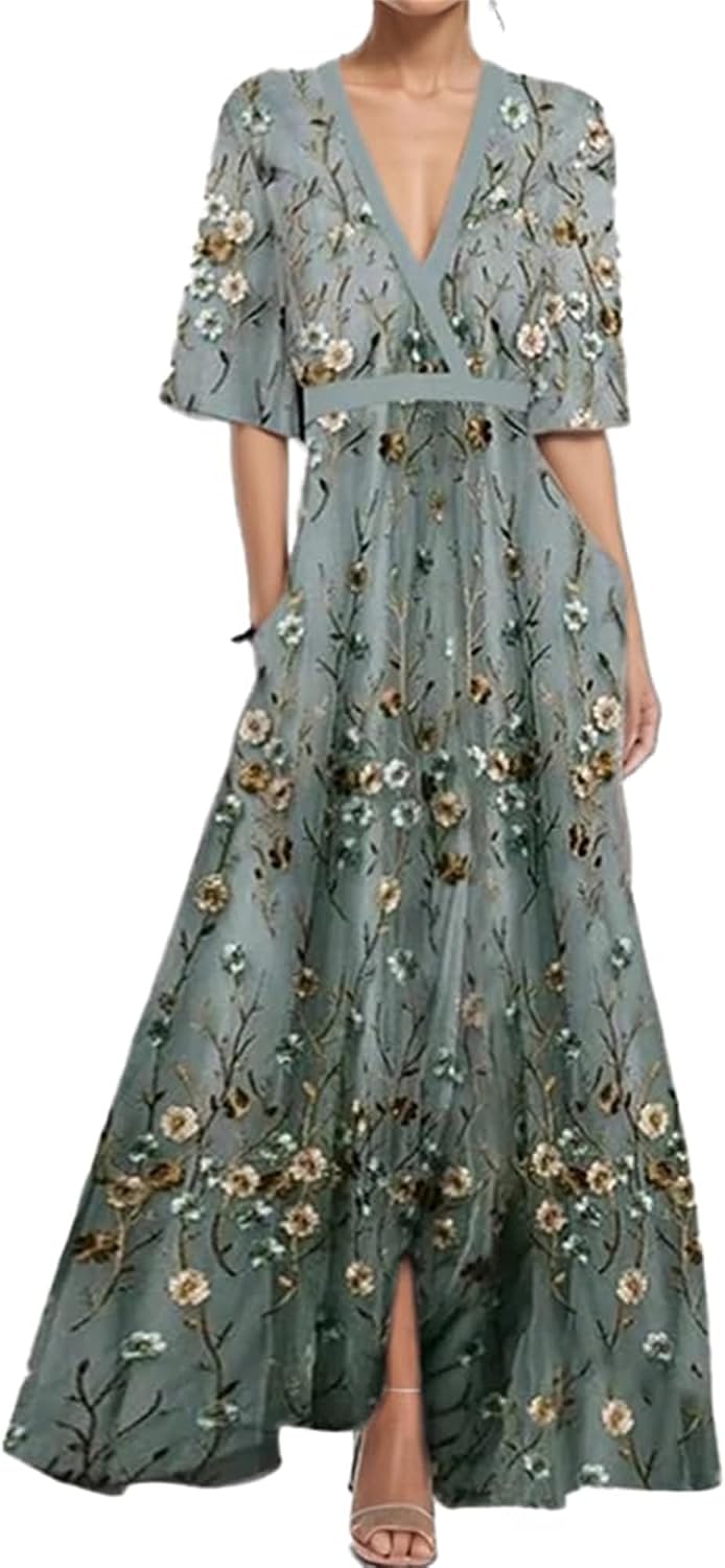 Womens Floral Printed Maxi Dress Spring Summer V Neck Flowy 3/4 Sleeve A Line Dress Elegant Beach Vacation Short Sleeve Dress