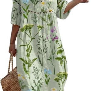 Summer Dresses for Women UK 3/4 Sleeve Print Boho Dress Casual Loose Fit Bohemian Dress Breathable Comfortable Ladies Summer Dresses Elegant Holiday Beach Travel Everyday Wear