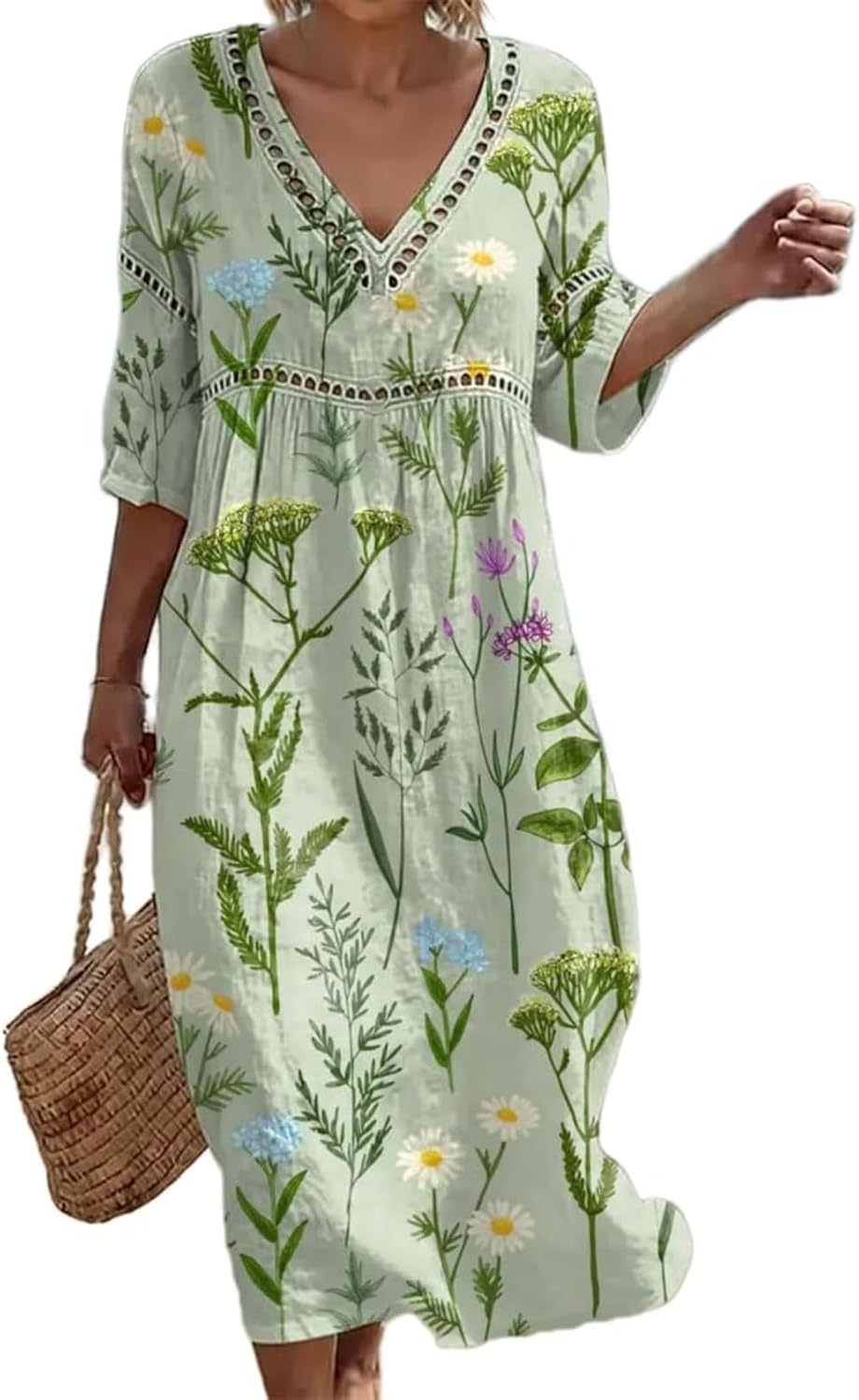 Summer Dresses for Women UK 3/4 Sleeve Print Boho Dress Casual Loose Fit Bohemian Dress Breathable Comfortable Ladies Summer Dresses Elegant Holiday Beach Travel Everyday Wear