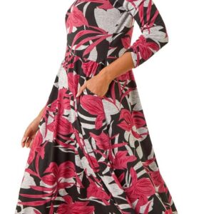 Roman Originals Midi Dress with Pockets for Women UK Ladies Stretchy Jersey Maxi Long 3/4 Length Sleeve Gathered High Waist Boho Flattering Skater Swing Fit Flare