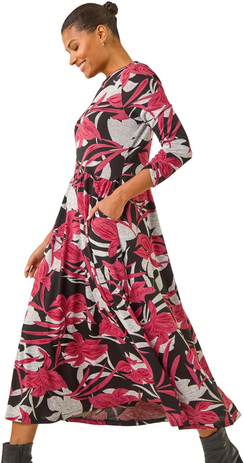 Roman Originals Midi Dress with Pockets for Women UK Ladies Stretchy Jersey Maxi Long 3/4 Length Sleeve Gathered High Waist Boho Flattering Skater Swing Fit Flare