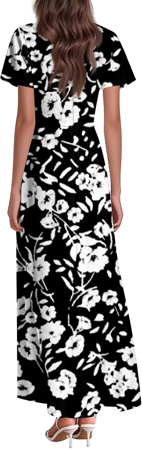 Ladies Short Puff Sleeve V Neck Floral Boho Dresses Flared Flowy Chiffon Maxi Dress Summer Beach Holiday Sundress for Women - Image 3
