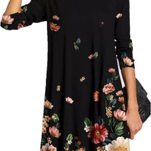 FANSU Women’s Dress Floral Loose Tunic Autumn Long Sleeves Dress Casual Maxi A-line Dress Winter Warm Swing Dress
