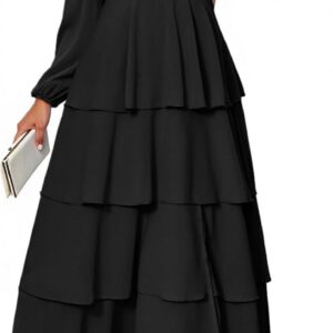 BerryGo Womens Flowy Maxi Dress Chiffon Long Sleeve Slit V Neck Casual Ruffle Tiered Boho Fall Wedding Guest Long Dress