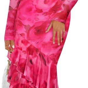 ZESICA Women’s Fall Floral Wedding Guest Bodycon Dresses 2025 Long Sleeve Crewneck Mesh Ruffle Mermaid Party Maxi Dress