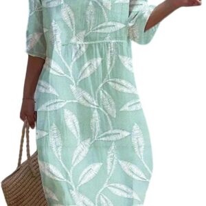 Linen Dresses for Women UK Plus Size Italian Summer Dress 3/4 Sleeve Round Neck Midi Dresses Vintage Floral Print Casual Boho Sundress Loose Fit Beach Swing Long Strand Dress