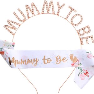Mummy to Be Sash and Rhinestone Tiara Set, Baby Shower Party Decorations, Mummy To Be Crown Headband and Gifts for Expecting Mum, Floral Design