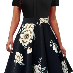 Mokayee Womens Summer Short Sleeve V Neck Fit and Flare Semi Formal Work Wedding Guest Dresses with Pockets