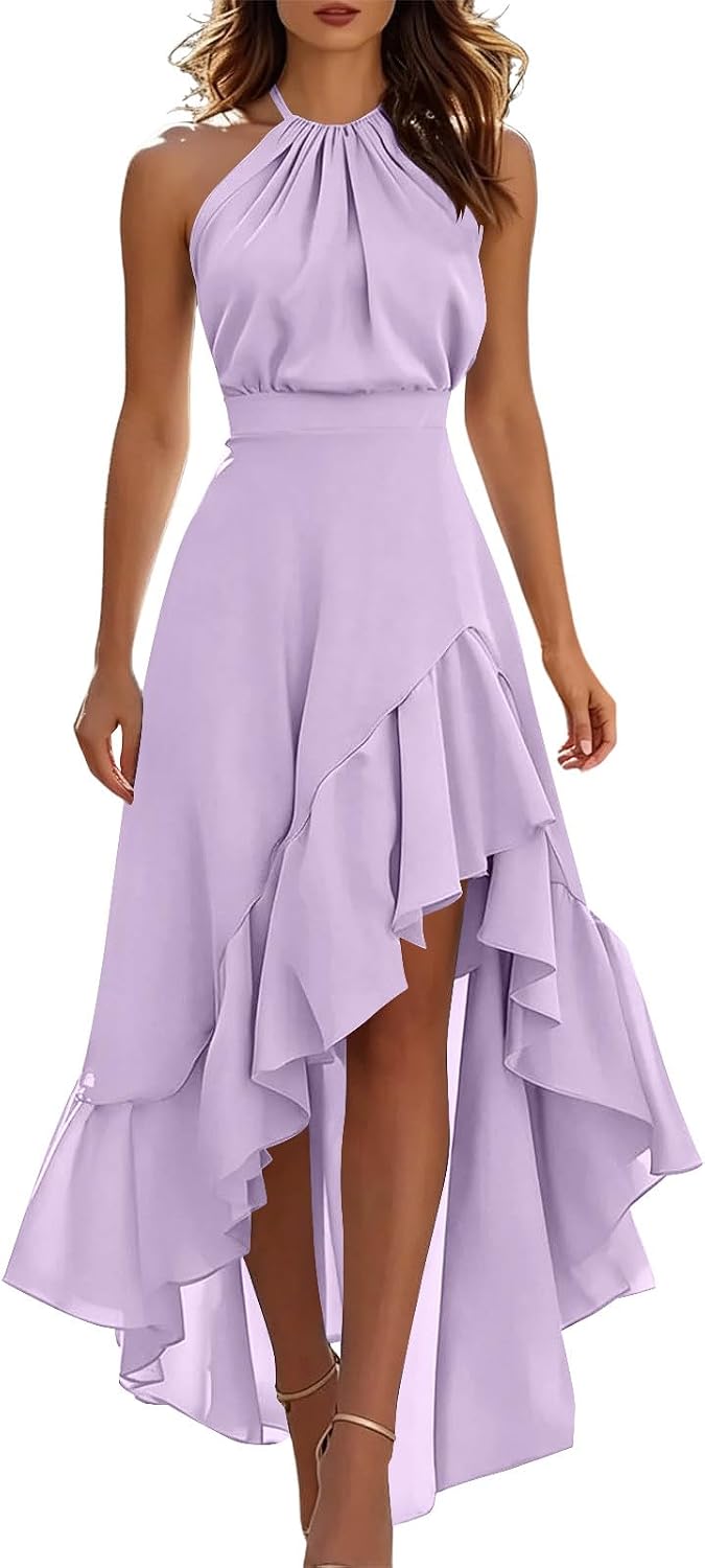 Elegant Dress for Women UK Chiffon Halter Neck Ruffle Dresses Party Evening Clubwear Maxi Dress Elegant Sexy Casual Cocktail Long Dresses Wedding Guest Outfit Strand
