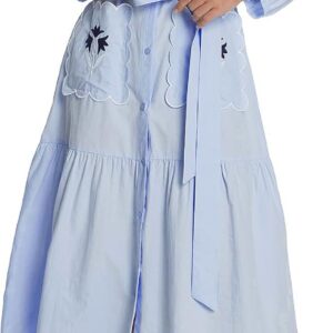 EZAPINE Womens Long Sleeve Midi Dress Embroidered Button Down Dress with Belt