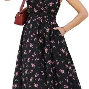 Belle Poque Women Spaghetti Straps Dress Front Ruched Back Smocked A Line Midi Floral Sundress Casual Summer Dress