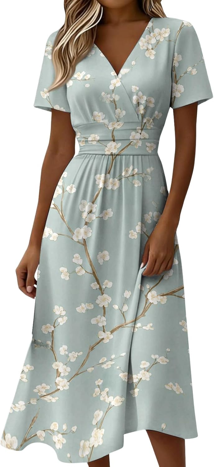 Floral Dresses for Women UK Work Office Elegant Modest Wrap Maxi Dresses A Line Lightweight Knee Length Summer Holiday Ladies Sundress Fit and Flare Dress