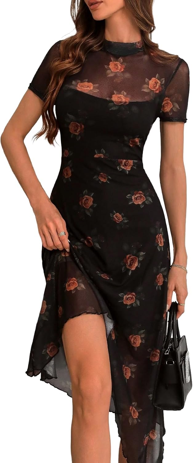 GothDark Women's Summer Floral Vintage Mesh Irregular Hem Party Midi Dress