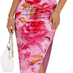 Trendy Queen Bodycon Maxi Dress Womens Sleeveless Floral Print Fitted Party Club Ruched Dresses with Side Slit