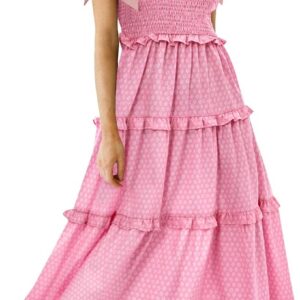 Wenrine Womens Summer Floral Maxi Dress Smocked Tie Shoulder Boho Sleeveless Ruffle Tiered Casual Beach Dresses