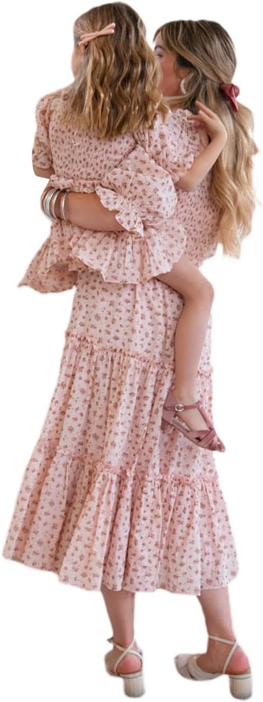 FeMereina Mommy and Me Floral Dresses Boho Flowy Long Sleee Smocked Tiered Spring Fall Mother Daughter Matching Dresses - Image 2