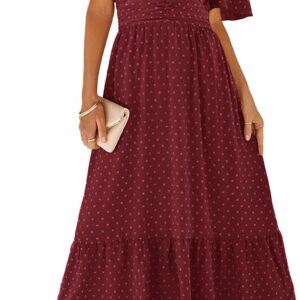 IFFEI Women Summer Maxi Dresses V Neck Chiffon Ruffle Sleeve Swiss Dots A-Line Dress Stretchy High Waist Flowy Wedding Guest Dress Ladies Dresses