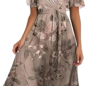 Wrap Dresses for Women UK Summer V Neck Ruffle Short Sleeve Tie Waist Pleated Midi Dress Elegant Flowy A Line Floral Print Casual Loose Fit Party Cocktail Dresses Fashion Ladies Wear