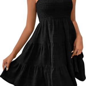 CFLONGE Women’s Summer Mini Dress 2025 Casual Boho Sleeveless Square Neck Dresses Smocked Tiered Short Beach Outfits Sundress