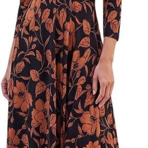 Roman Fit and Flare Dress for Women Ladies Chest Twist Knot Ruched Tea Skater Empire Waist Wedding Guest Smart Casual Swing Midi 3/4 Long Sleeve Knee Length