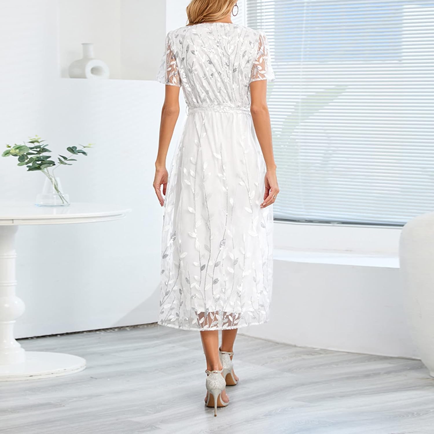 Zeiayuas Cocktail Party Work Dress for Women UK Elegant V Neck Short Sleeve Midi Dress Evening Party Formal Tunic Dresses Ladies Embroidered Floral Lace Mesh Dresses - Image 3