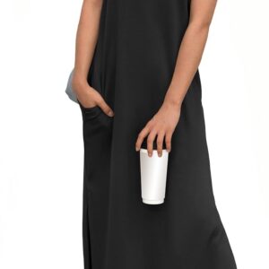 GRECERELLE 2024 Women Summer Crew Neck Casual Loose Split Wrinkle-Free Long Maxi Beach Dress with Pockets