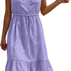 Midi Sundress for Women UK V Neck Sleeveless Cotton Linen Dress Summer Casual Loose Fit Midi Dresses Ladies Comfy Lounge Tank Vest Dress Beach Holiday Elegant Sundress