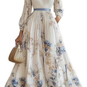 Wedding Guest Dresses for Women, Ladies V Neck Empire Waist Floral Dresses Summer Chiffon Dress Elegant Party Outfits Curvy Long Evening Skirts Women’s Summer A Line Ball Gown