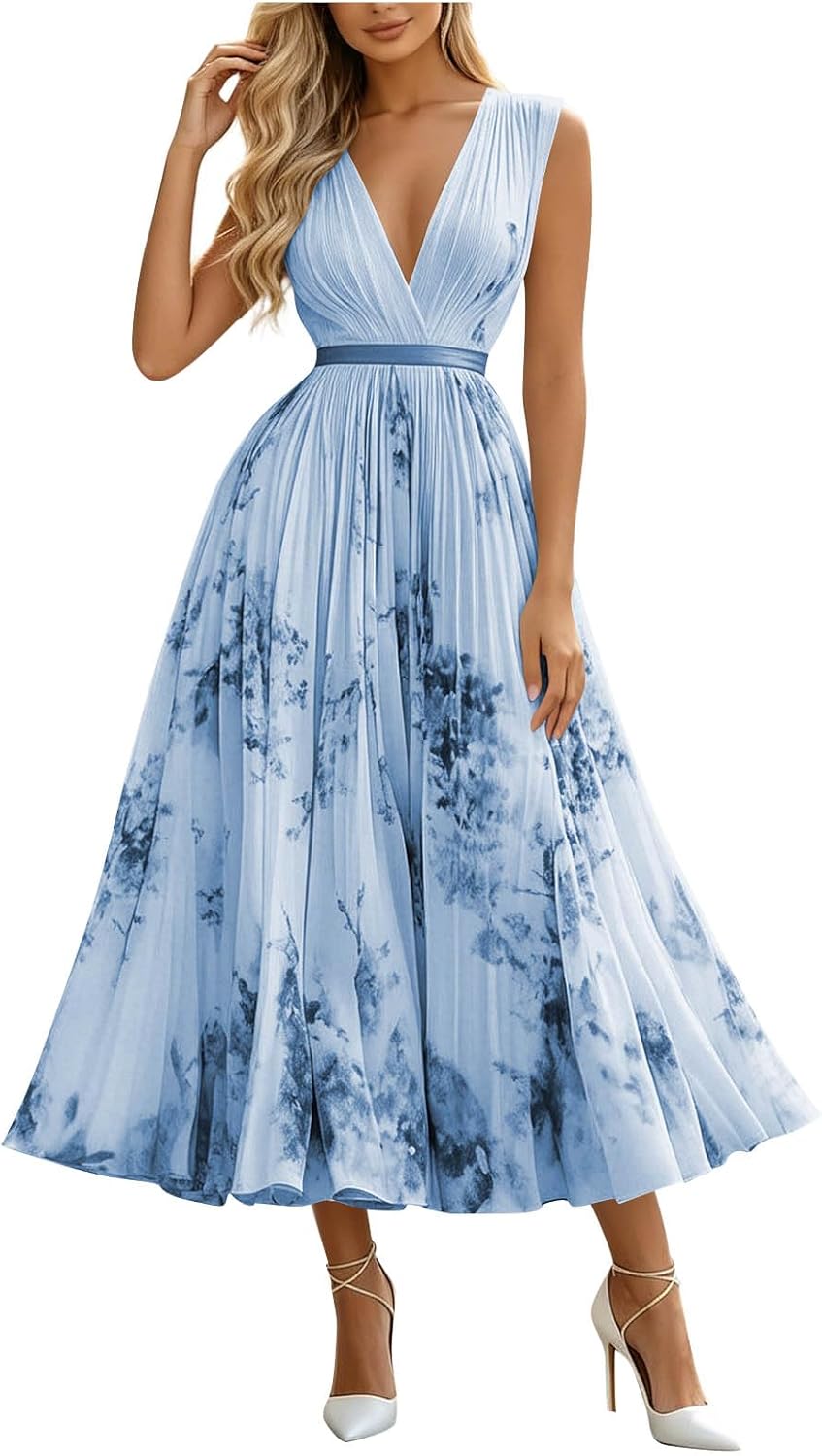 Wedding Guest Dresses for Women, Ladies V Neck Empire Waist Floral Dresses Summer Chiffon Dress Elegant Party Outfits Curvy Long Evening Skirts Women's Summer A Line Ball Gown - Image 6