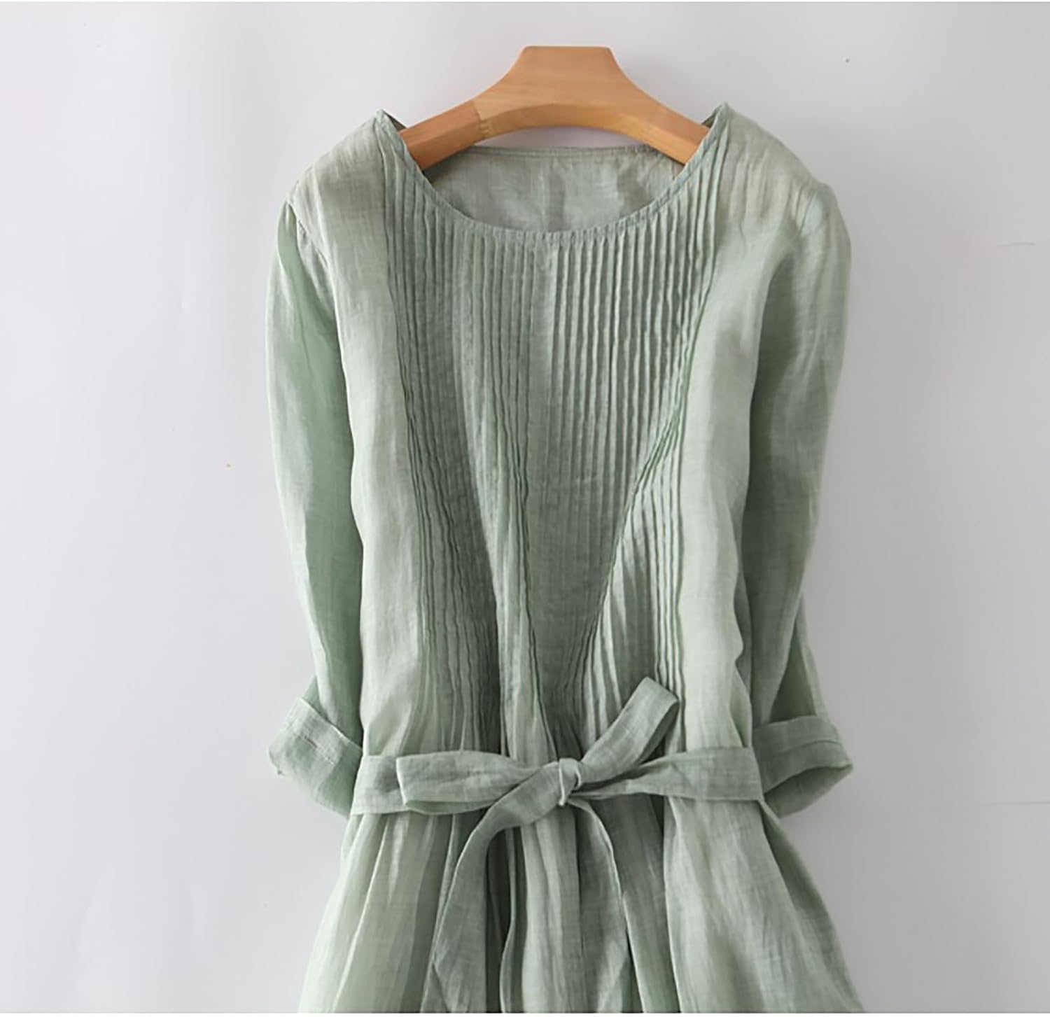 Zeiayuas Vintage Linen Dresses for Women UK Cotton Linen Maxi Dresses Lace Up Round Neck Half Sleeve Dress Pleated Boho Beach Holiday Dresses Summer Casual Tunic Dress Elastic Waist Tie Long Dress - Image 4