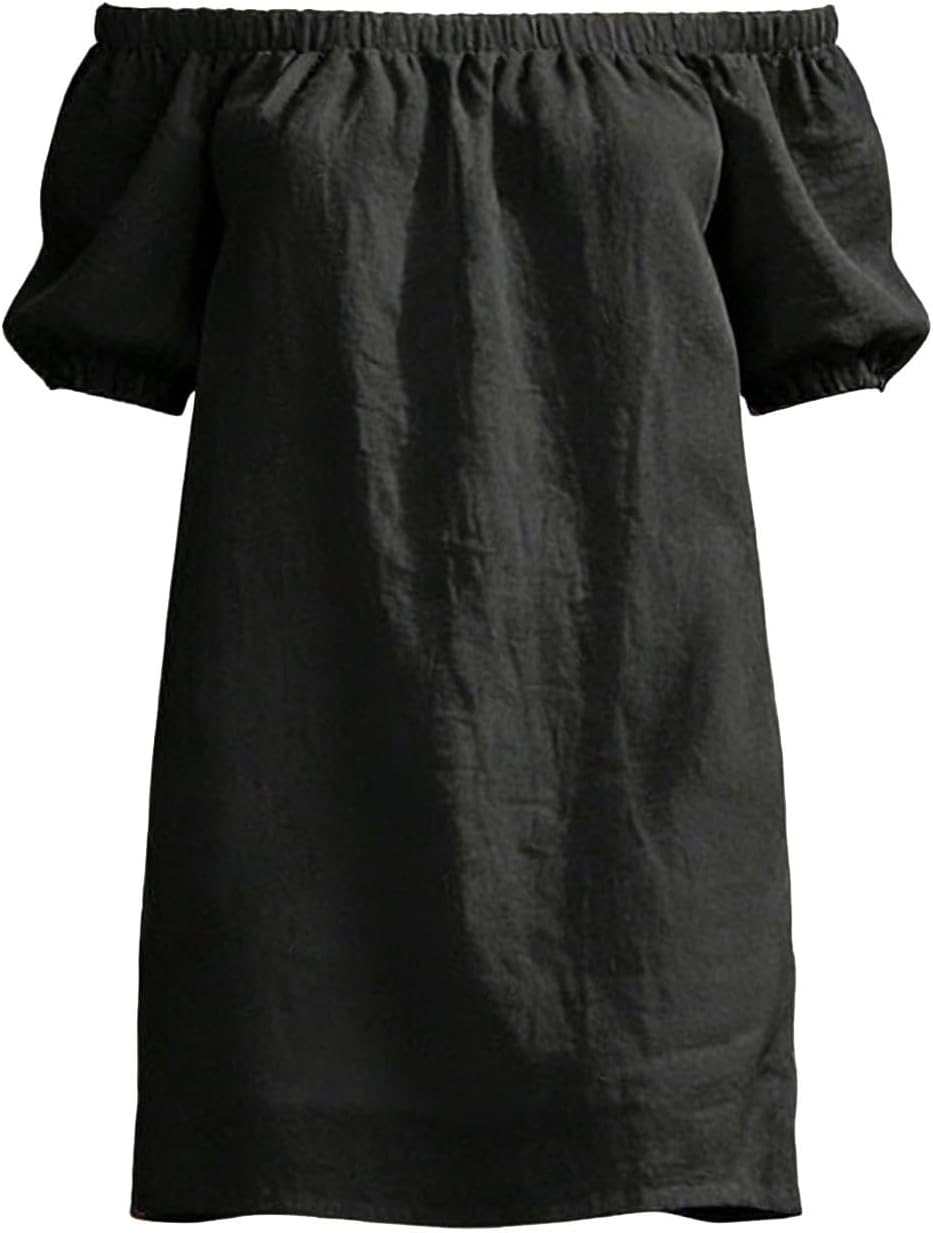 Zeiayuas Off Shoulder Dress Women UK Elegant Cotton Linen Dresses Shirred Bubble Short Sleeve Mini Dress Boho Casual Beach Holiday Sundress Ladies A-Line Vintage Milk Maid Dresses with Pockets - Image 5