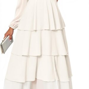 BerryGo Womens Flowy Maxi Dress Chiffon Long Sleeve Slit V Neck Casual Ruffle Tiered Boho Fall Wedding Guest Long Dress