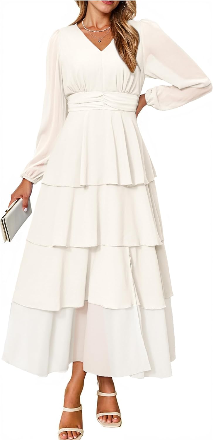 BerryGo Womens Flowy Maxi Dress Chiffon Long Sleeve Slit V Neck Casual Ruffle Tiered Boho Fall Wedding Guest Long Dress