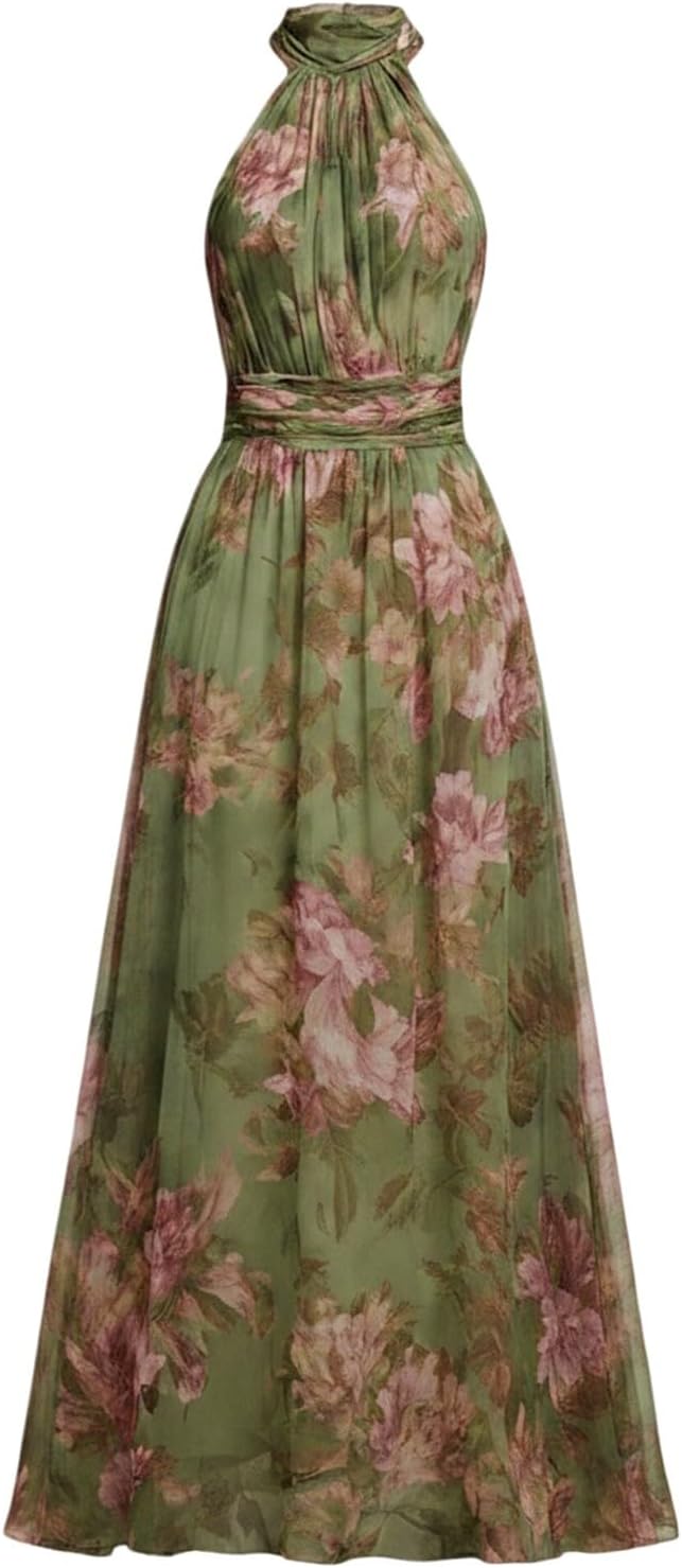 Women's Halter Neck Floral Print Maxi Dress Ruched Flowy Long Dresses Fit and Flare High Waisted Elegant Cocktail Wedding Guest Sundress Sleeveless Off Shoulder Bohemian Outfits - Image 4