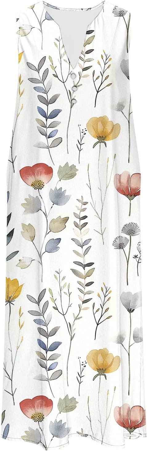 Midi Dresses for Women UK Sleeveless V Neck Floral Dress Summer Casual Loose Fit Long Dresses with Pockets Comfy Lounge Tank Vest Dress Beach Holiday Plus Size Elegant Sundress Sale Clearance - Image 2