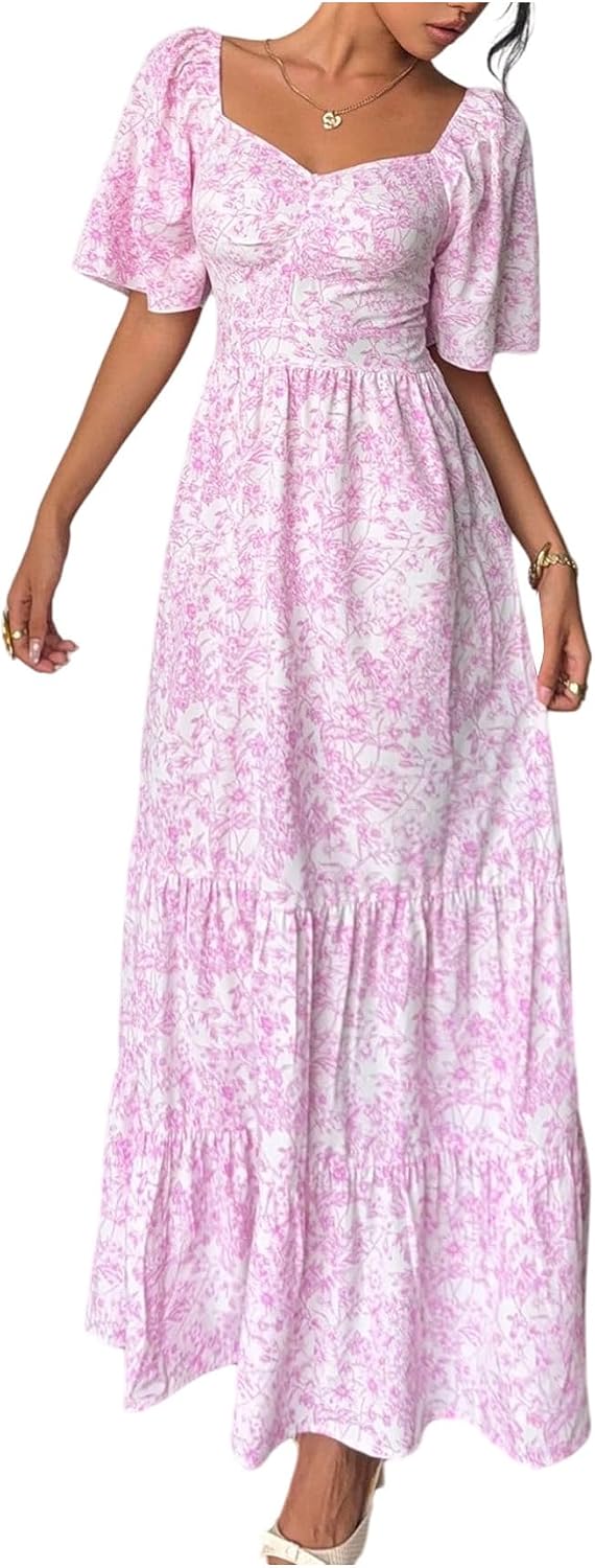 GORGLITTER Boho Floral Dresses for Women UK 2026 Sweetheart Neck Short Sleeve Smocked Flared Flowy Beach Holiday Maxi Dress