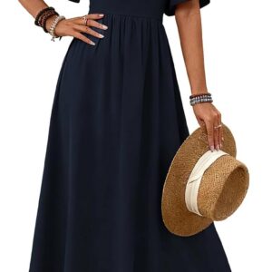 LIAMERHE Women’s Summer Maxi Dress Elegant Square Neck Flutter Sleeve Long Sun Dress Boho A-Line Tea Dress High-Waisted Flowy Party Wedding Guest Dress Plain Casual Holiday Dresses