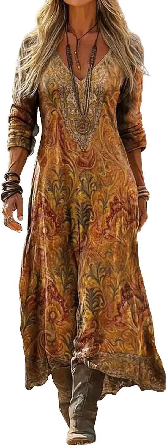Women Western Style Dresses Irregular Boho Floral Print Vintage Maxi Dress - Image 4
