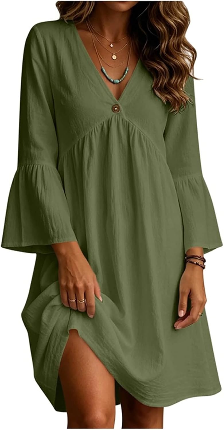 Summer Dress for Women UK V Neck 3/4 Sleeve Ruffle Dresses with Pockets Ladies Solid Color Boho Beach Midi Dresses Oversized Tunic Baggy Casual Long Dress Floaty Summer Sundress for Office Work - Image 2