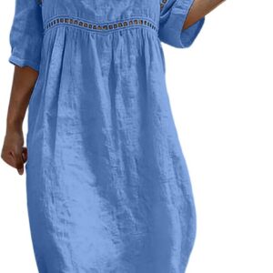 Linen Dresses for Women UK Summer V-Neck Hollow Out Sundress Casual Loose 3/4 Sleeve Cotton Maxi Dresses for Daily Wear Office Summer Beach Ladies Boho Dress