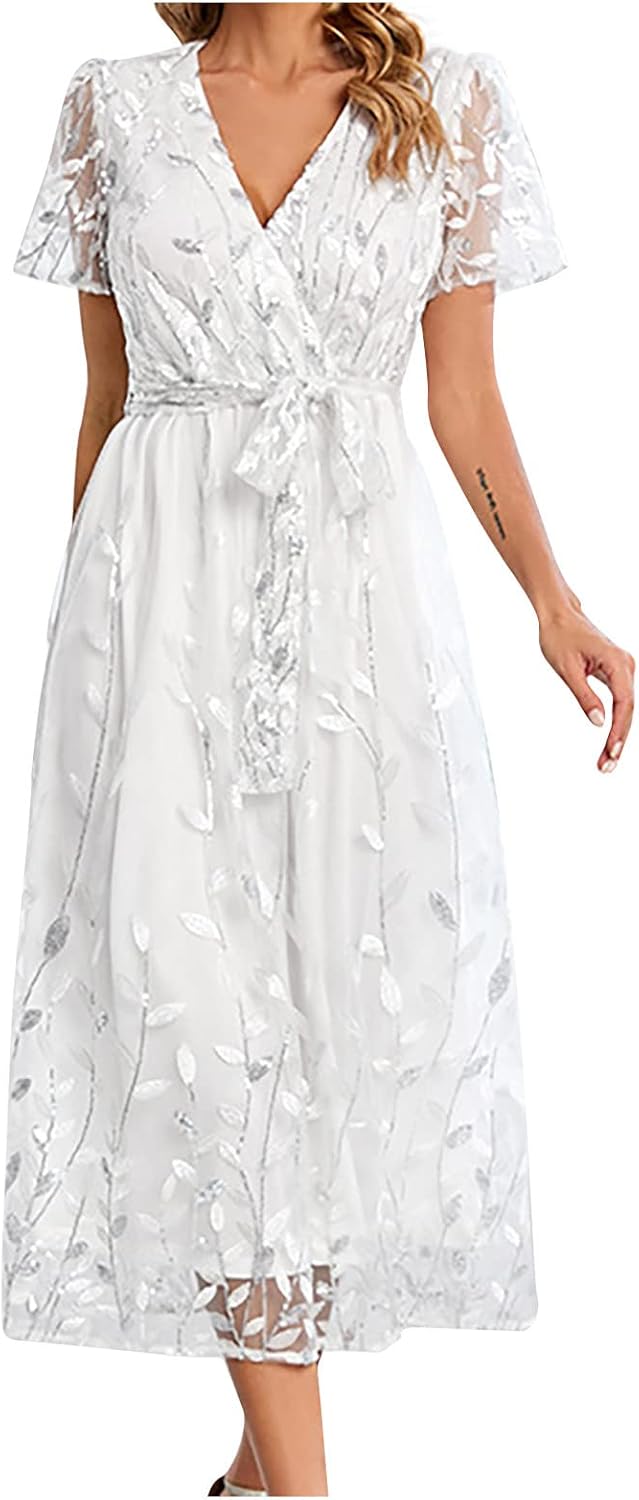 Zeiayuas Cocktail Party Work Dress for Women UK Elegant V Neck Short Sleeve Midi Dress Evening Party Formal Tunic Dresses Ladies Embroidered Floral Lace Mesh Dresses