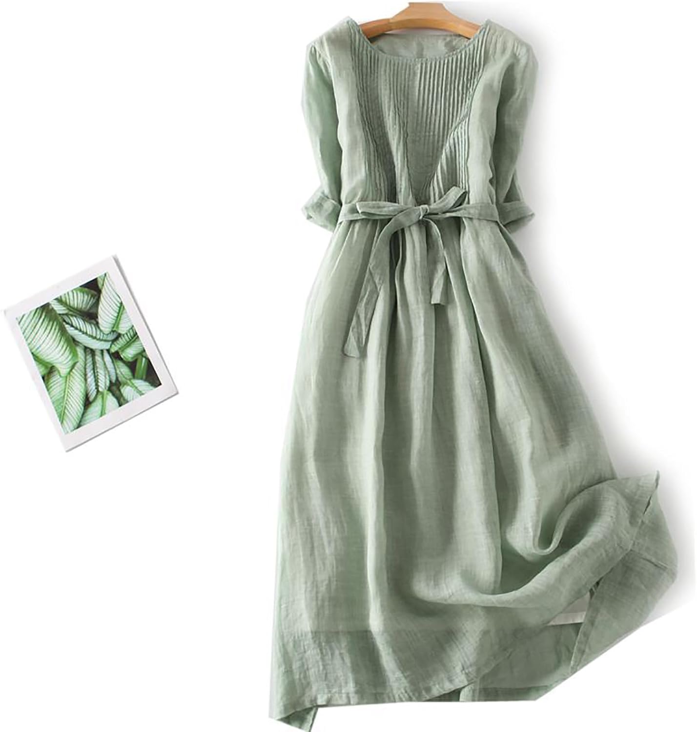 Zeiayuas Vintage Linen Dresses for Women UK Cotton Linen Maxi Dresses Lace Up Round Neck Half Sleeve Dress Pleated Boho Beach Holiday Dresses Summer Casual Tunic Dress Elastic Waist Tie Long Dress - Image 3